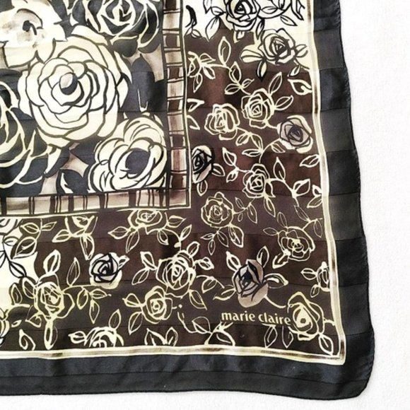 MARIE CLAIRE 100% Silk Square Scarf Floral Taupe - Picture 6 of 12